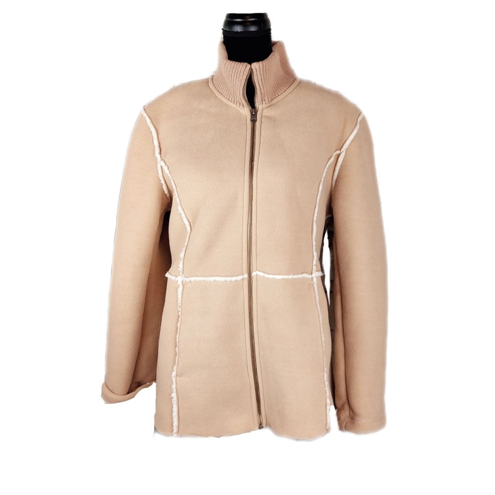 FU DA Womens Camel Color Faux Suede Sherpa Full Zip Cozy Coat Size L - Picture 1 of 7